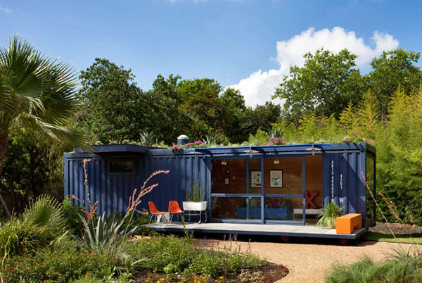 blue container home front of property